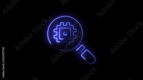 Neon blue magnifying glass with gear icon on black background