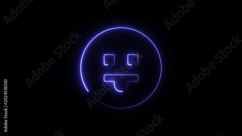 A neon blue emoticon face with a zipped mouth on a black background