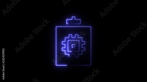 Neon blue battery icon with gear on black background