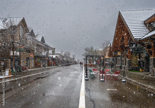 Spring snowfall on Main Street in Canmore, Alberta, Canada