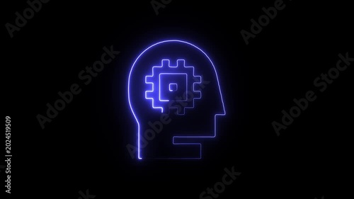 Glowing blue neon human head with circuit board inside on black background