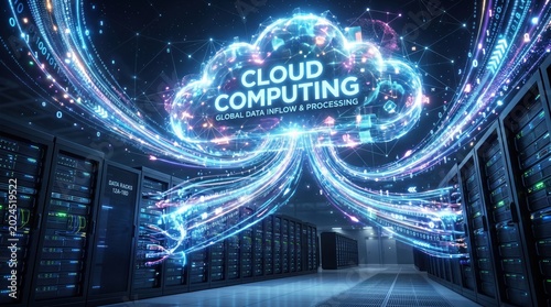 Cloud computing infrastructure concept with glowing digital data streams flowing into modern server racks in a dark high tech data center environment for global network