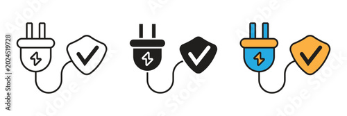 Electric Plug with Checkmark Shield. Electric plug connected to a protection shield with checkmark icon for safe power connection.
