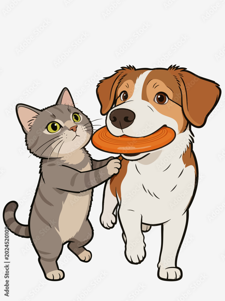 Fototapeta premium Cute cartoon cat and dog playing with flying disc