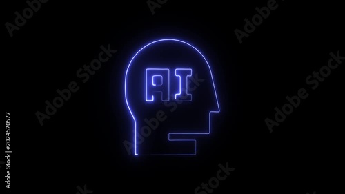 Neon blue ai human head silhouette on black background with glowing effect