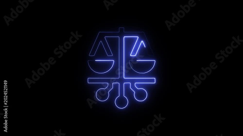 Neon blue scales of justice symbol on black background
