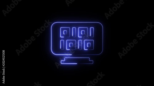 Neon blue computer monitor with qr code on screen in dark background