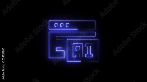 Neon blue glowing browser window with ai on a black background