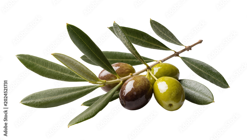 Fototapeta premium Isolated olive branch with fresh green and ripe black olives, mediterranean fruit for healthy food
