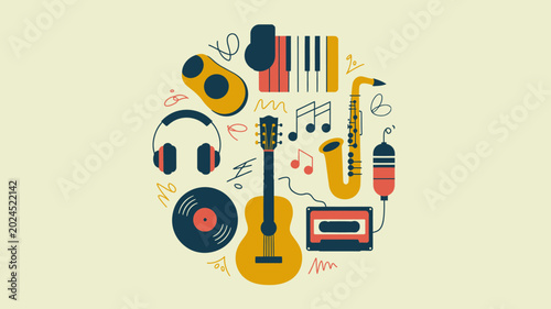 Music icons, audio equipment, instruments, vector graphics, sound symbols