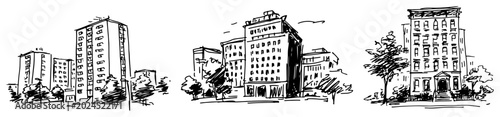 Obraz na płótnie City apartment buildings and urban residential blocks in hand drawn sketch style