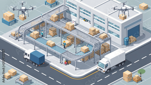 Schilderij op canvas Modern logistics warehouse with automated delivery drones, trucks, and conveyor