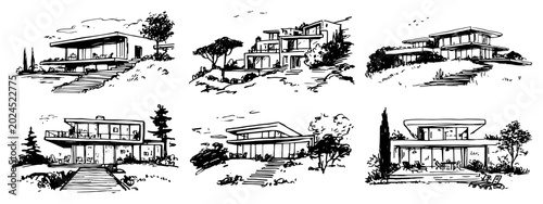 Foto Modern hillside villas and luxury residential house sketches in minimalist ink s