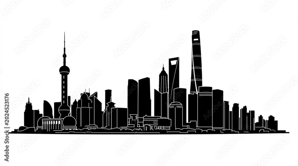 Fototapeta premium New York City skyline silhouette vector illustration of urban skyscrapers and modern downtown cityscape at night in USA
