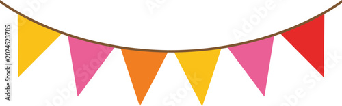 Foto Vibrant triangular bunting pennants hanging on a brown string creating a joyful party atmosphere with flat lighting