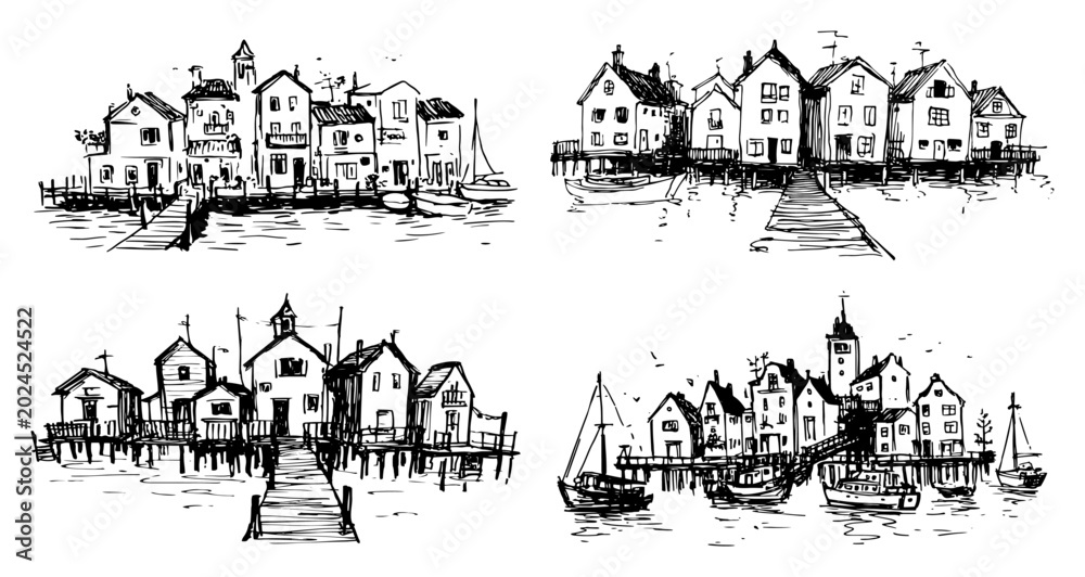 Obraz premium Waterfront village houses on stilts with wooden piers and boats in hand drawn sketch style