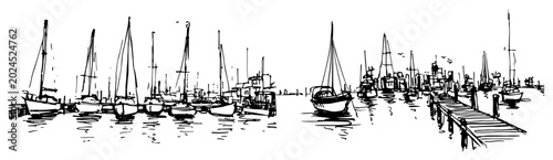 Foto Sailboats and yachts moored in harbor with pier hand drawn sketch style
