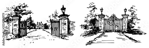 Fotografi Estate entrance gates and private driveway leading to mansion in hand drawn sket