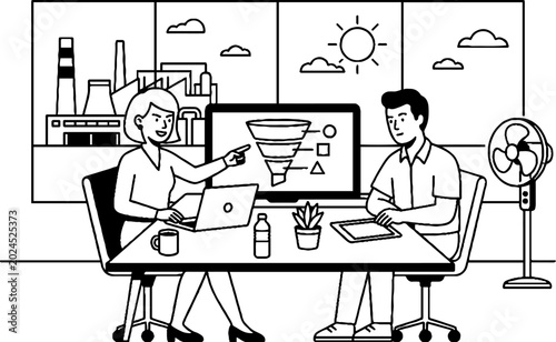 Business team discussing sales funnel in industrial office