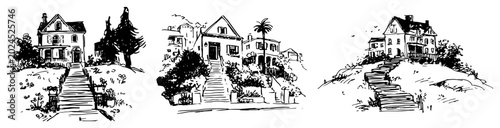 Fotografie Hillside residential house sketches with steep stairs in ink drawing style