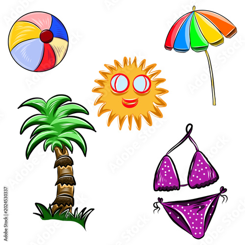 Vector color hand drawn set illustration, summer vacation accessories, black line art on white background