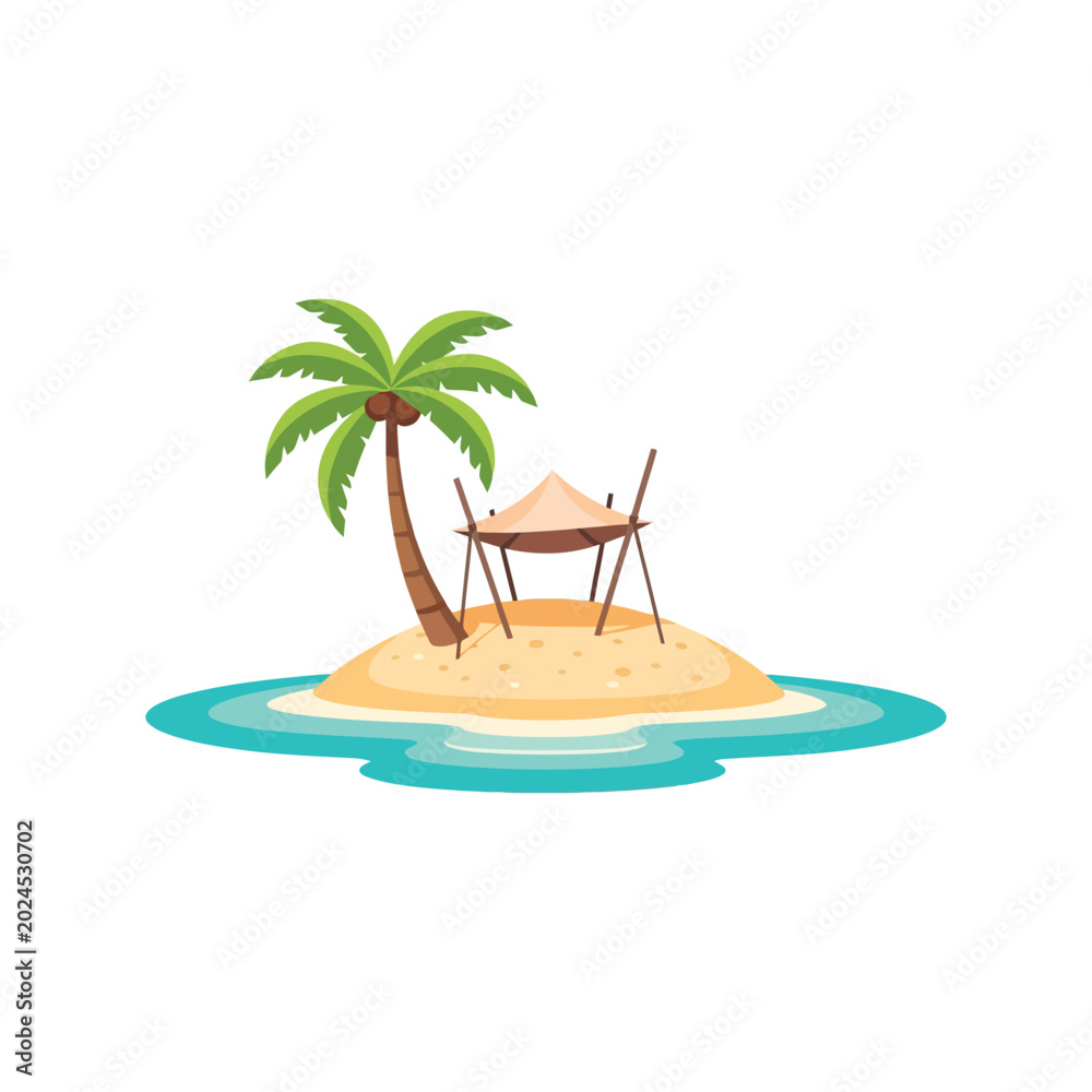 Obraz premium Tropical Island Beach Vector Illustration with Palm Trees, Hammock and Umbrella