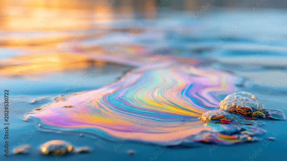 Obraz premium Close up of a thick iridescent oil slick on dark water surface, vibrant toxic rainbow swirls of petroleum, liquid texture, environmental disaster