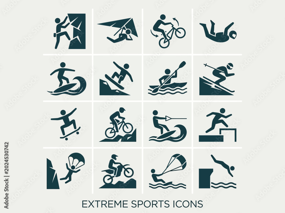 Naklejka premium Extreme Sports Icon Set Featuring 16 Vector Pictograms for Outdoor Adventure, Adrenaline Activities, and Action Sports