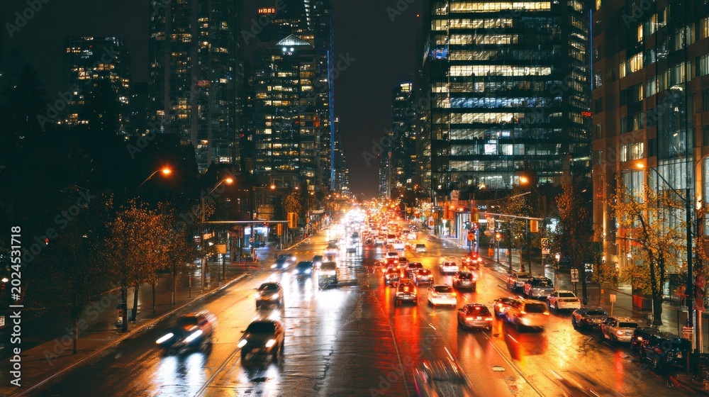 Obraz premium Night cityscape with illuminated buildings and moving vehicles