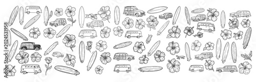 Vintage Tropical Surf and Beach Culture Pattern with Hibiscus Flowers and Retro Travel Cars