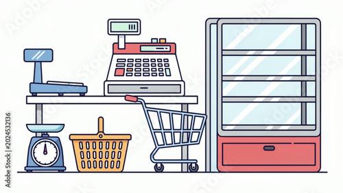 Foto Flat illustration of a grocery store checkout counter with scales, cash register