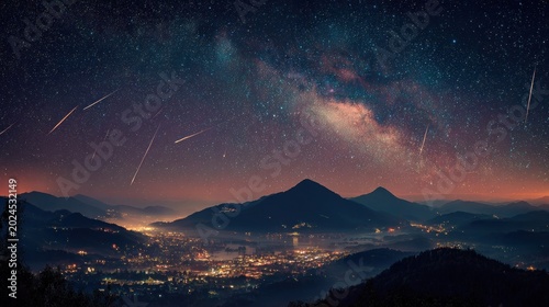 Night sky view over mountains with starry background and city lights