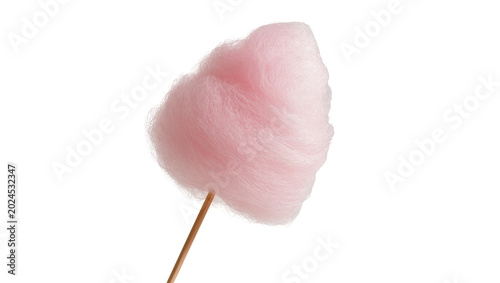 Obraz na plátne Isolated pink cotton candy, a sweet fluffy treat on a wooden stick, ideal for carnival