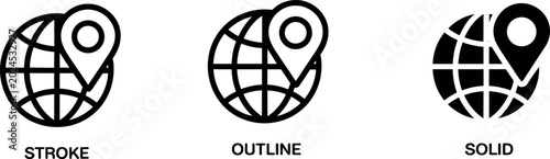 Global location pin icon set featuring earth globe with map marker in stroke outline and solid vector styles for web