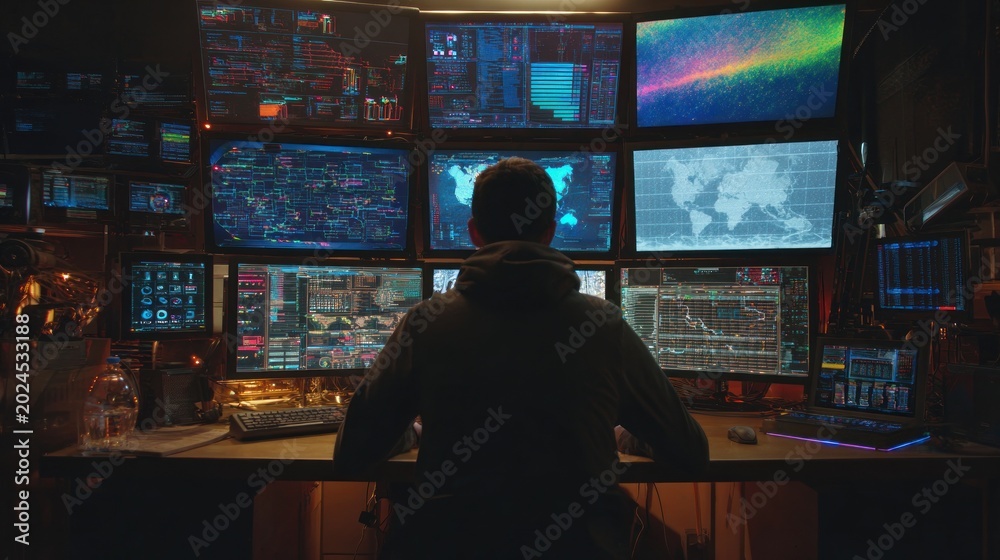 Fototapeta premium Person working with multiple computer screens displaying data and information