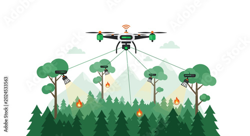 Drone fighting forest fire with water drops, protecting trees and nature