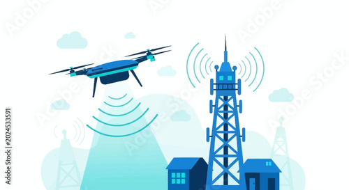 Drone inspecting cell tower, communication technology, wireless network, modern infrastructure