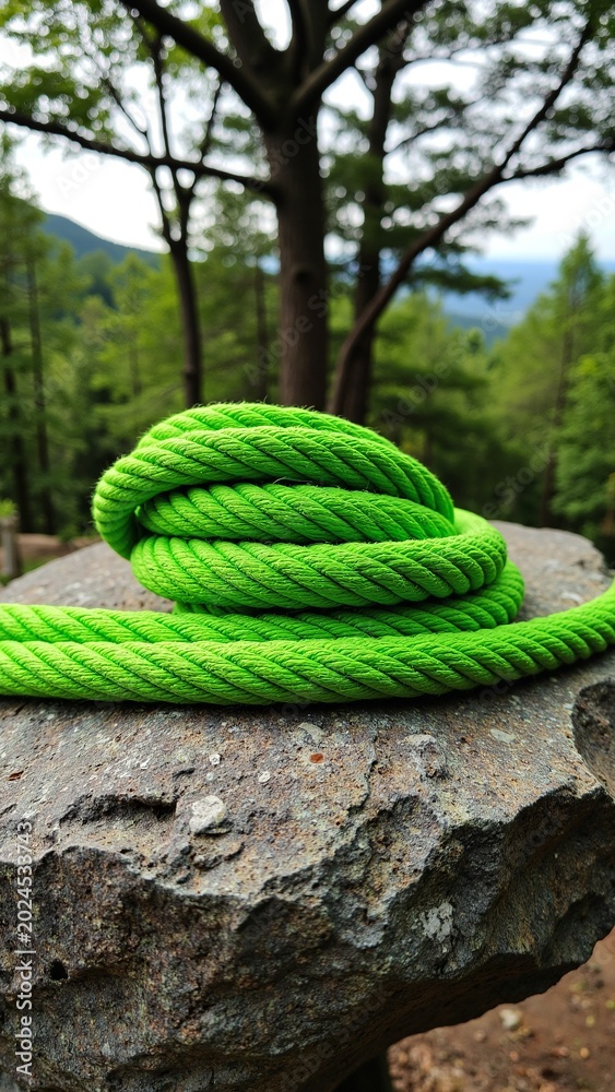 Fototapeta premium Green Rope on Textured Rock in Forest