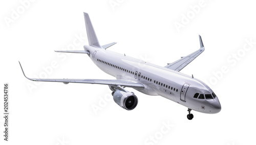 Fotografie Isolated modern white passenger jet airplane with landing gear down, sleek desig