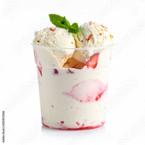 Vanilla Ice Cream with Strawberry Swirl, Dessert Cup on White Background,Generated by AI
