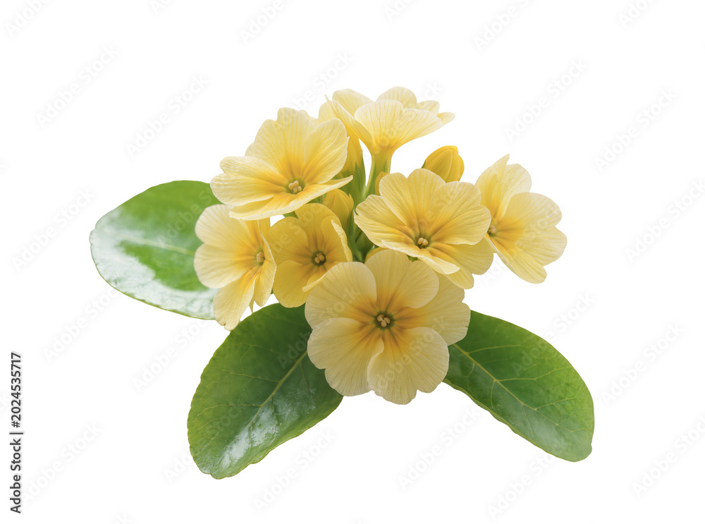 Naklejka premium Isolated vibrant cluster of delicate light yellow primrose flowers with fresh green foliage