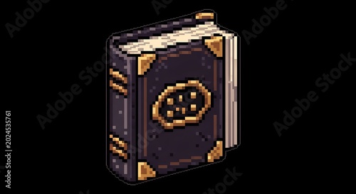 Retro Pixel Art Fantasy Book with Golden Emblem - Ancient Tome Game Asset, Isolated on Black