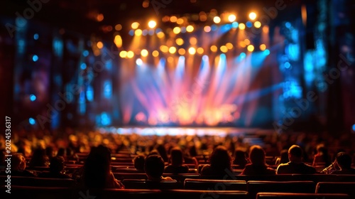 Audience in theater watching stage performance illuminated by lights