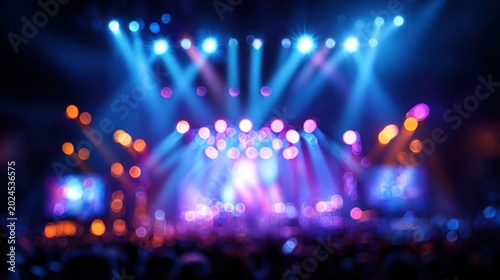 Blurred stage lights show creates colorful background and concert atmosphere