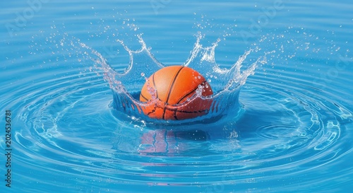 A vibrant orange basketball creates a massive splash in blue water on a sunny day, featuring frozen droplets and liquid ripple effects, wet, surface, light