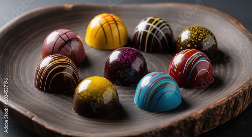 Assorted artisanal chocolate bonbons with glossy coatings and colorful patterns artfully presented on a natural dark wood serving platter, assortment, texture, natural
