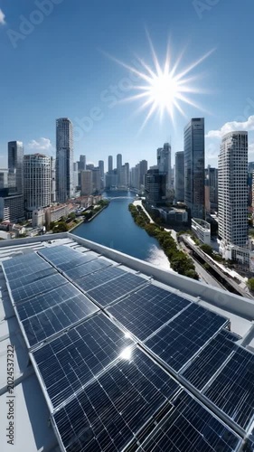 Solar Panels on Rooftop with Cityscape