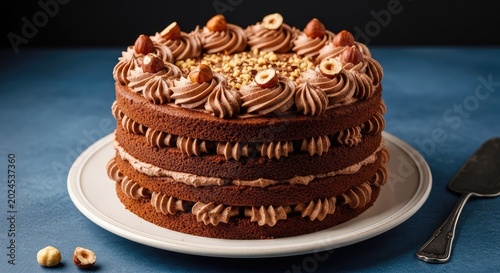 Decadent triple layer chocolate sponge cake decorated with toasted hazelnuts and creamy cocoa frosting, served on a vintage ceramic plate, walnuts, table, cake