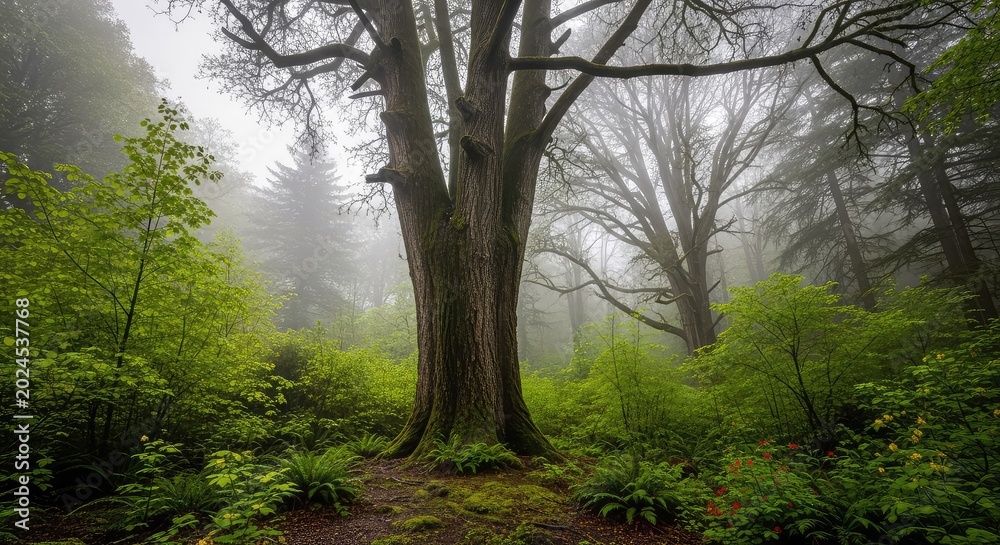 Fototapeta premium Giant ancient trees reach toward a heavy blanket of mist, deep within a lush primeval forest bathed in soft, diffused gray overcast light, mist, growth, calm