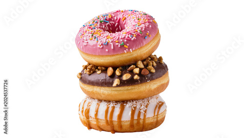Fotografie Isolated stack of three delicious glazed donuts with various sweet colorful topp